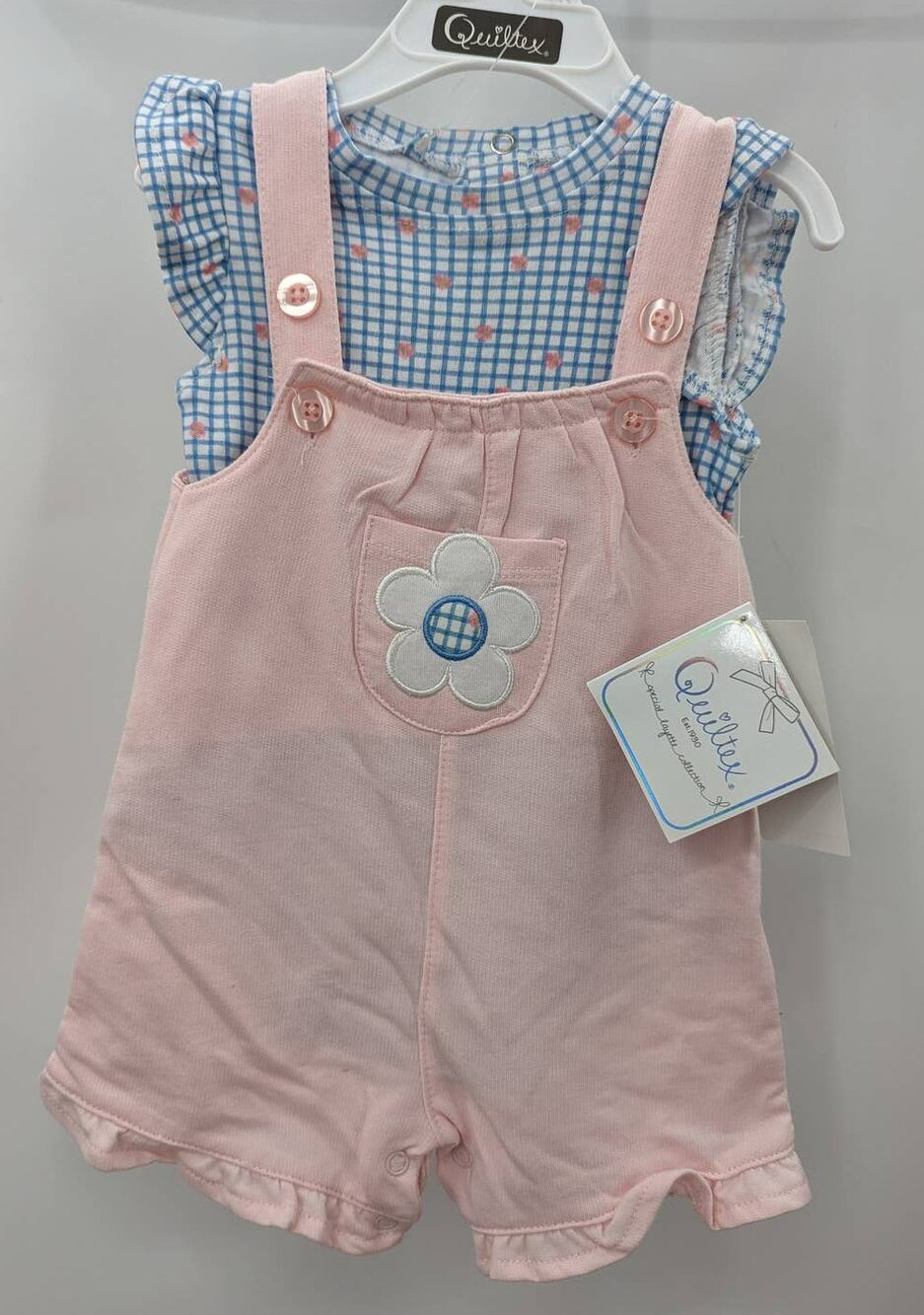 Quiltex Shortalls Pink Suspender Blue Plaid Floral Top 2 Piece Outfit 12mo NWT